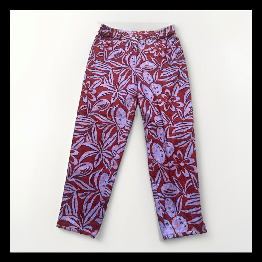 Vintage Pia Rucci Brown Beaded Linen Pants Lined Floral 5 pocket Sz 14 p31